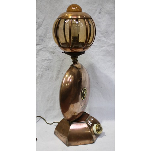 477 - A vintage copper lamp/ornament made from up-cycled parts, requires re-wiring, not tested, 70cm tall