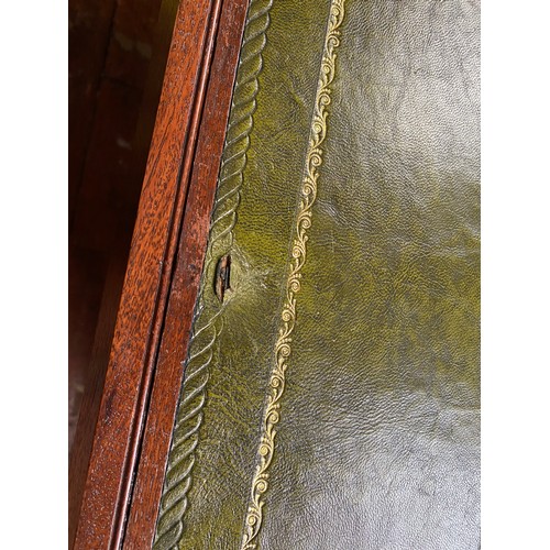 399 - A brass bound mahogany campaign writing slope with double fold- out green leather gilt tooled scribe... 