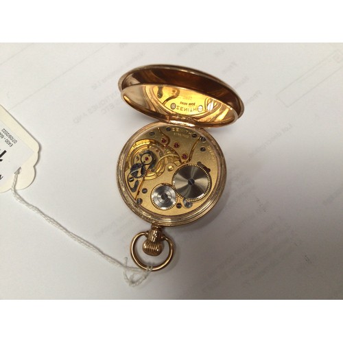 144 - A 9ct gold Dennison cased, keyless, open-faced pocket watch by Zenith, the white enamel dial with Ar... 