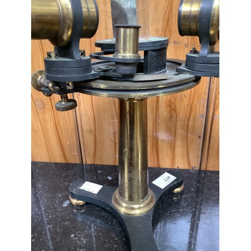 417 - A brass spectroscope, comprising a circular stand with tripod, two swivelling telescopes and a glass... 