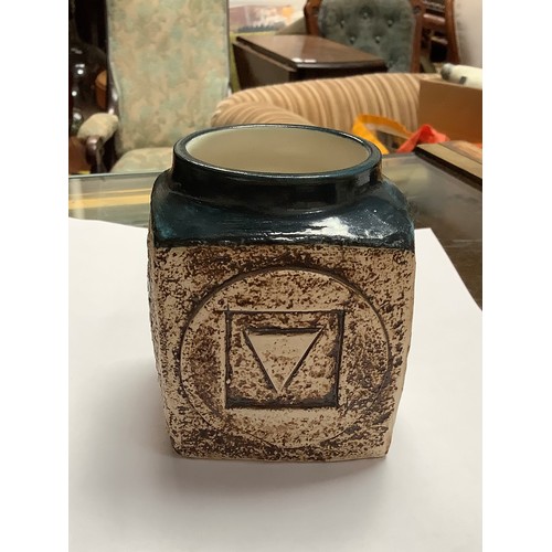 54 - A Troika Pottery marmalade pot decorated by Louise Jinks, with incised and painted abstract decorati... 