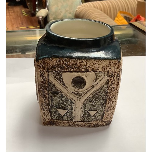 54 - A Troika Pottery marmalade pot decorated by Louise Jinks, with incised and painted abstract decorati... 