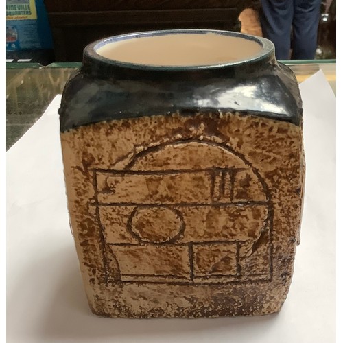 55 - A Troika Pottery marmalade pot decorated by Teo Bernatowitz, with incised and painted abstract decor... 