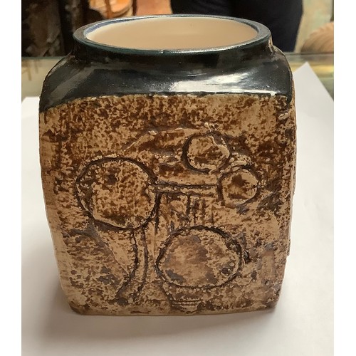 55 - A Troika Pottery marmalade pot decorated by Teo Bernatowitz, with incised and painted abstract decor... 