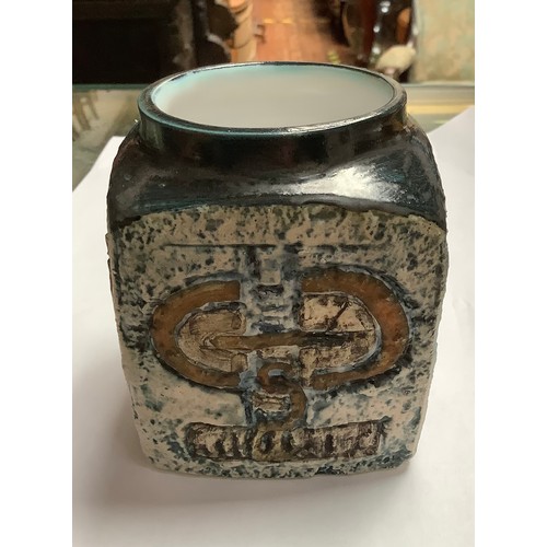 56 - A Troika Pottery marmalade pot decorated by Annette Walters, with incised and painted abstract decor... 