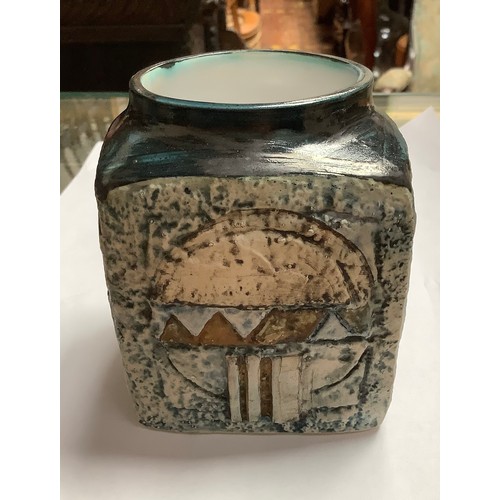 56 - A Troika Pottery marmalade pot decorated by Annette Walters, with incised and painted abstract decor... 