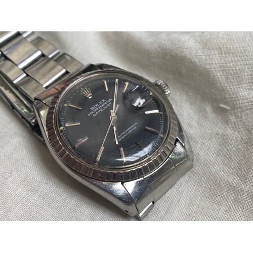 170 - A gents stainless steel Rolex Datejust wristwatch, model 1603, C.1965, the black enamel dial with ba... 