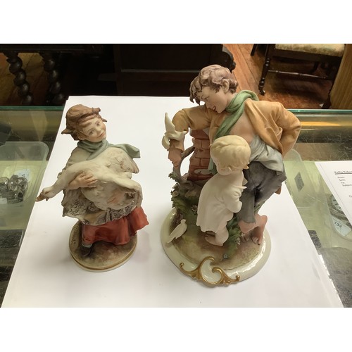 36 - Six various Capodimonte porcelain figure groups including a boy eating a slice of watermelon, a pot ... 