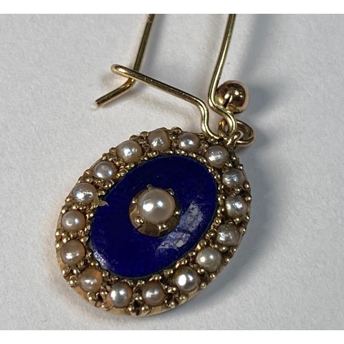 201 - A pair of 15ct gold oval shaped drop earrings, set with seed pearls and blue enamel, on 9ct gold wir... 