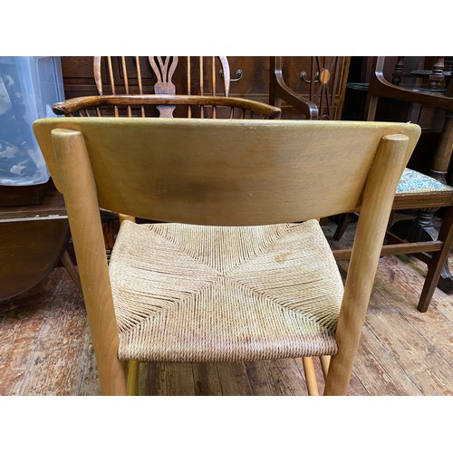 608 - A set of six mid-20th century, Danish light oak standard chairs by Mobler, with rush seats, raised o... 