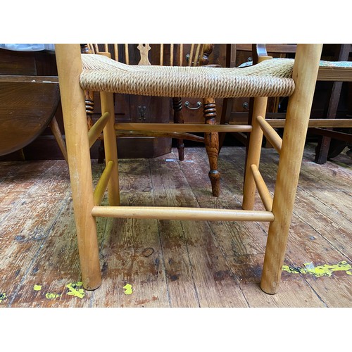 608 - A set of six mid-20th century, Danish light oak standard chairs by Mobler, with rush seats, raised o... 