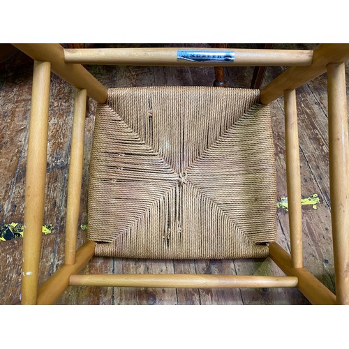 608 - A set of six mid-20th century, Danish light oak standard chairs by Mobler, with rush seats, raised o... 