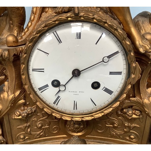 230 - A 19th century gilt-bronze cast mantel clock by Raingo Frere, Paris, with eight-day movement strikin... 