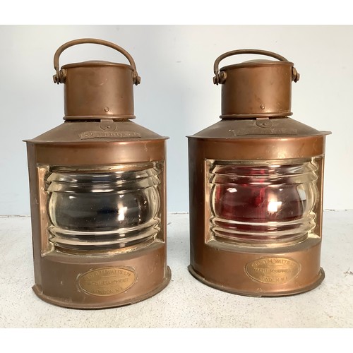 456 - A pair of copper and brass Port and Starboard lamps by Captain O. M. Watts Ltd Yacht Equipment, 21cm... 