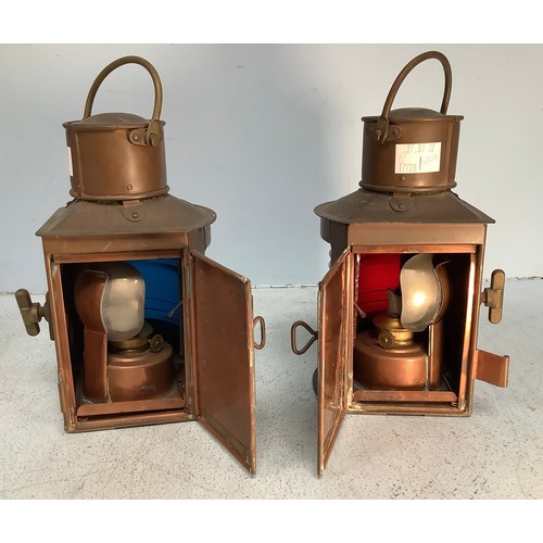 456 - A pair of copper and brass Port and Starboard lamps by Captain O. M. Watts Ltd Yacht Equipment, 21cm... 