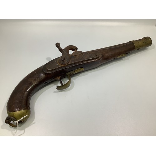 378 - A 19th century 15-bore percussion lock sea service pistol, 10-inch steel barrel, brass fittings, (as... 