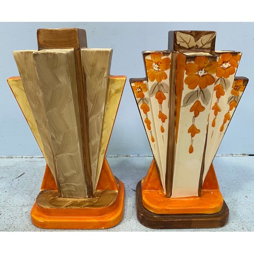 6 - Two various Myott Son & Co hand painted pyramid vases, one painted with orange flowers to cream, bro... 