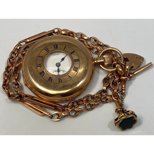 73 - A 9ct gold cased half-hunter pocket watch by J. W. Benson, the white enamel dial with Roman numerals... 