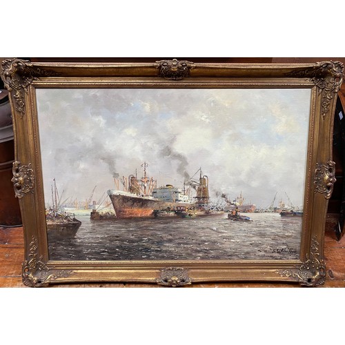 322 - Siem Schaeffer (1924-2005) Dutch harbour scene with cranes unloading ships and barges, signed, oil o... 