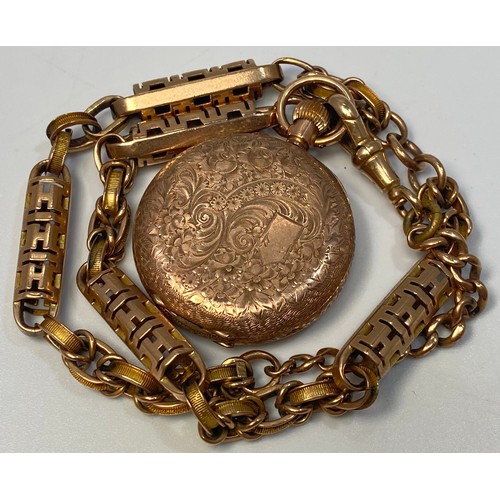 72 - A small 9ct gold cased fob watch, the gilt floral dial with Roman numerals denoting hours and keyles... 