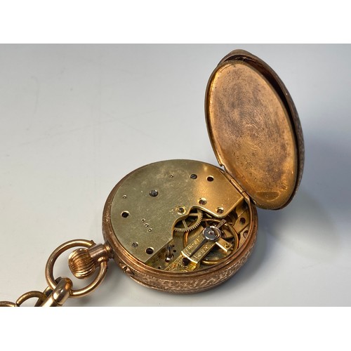 72 - A small 9ct gold cased fob watch, the gilt floral dial with Roman numerals denoting hours and keyles... 