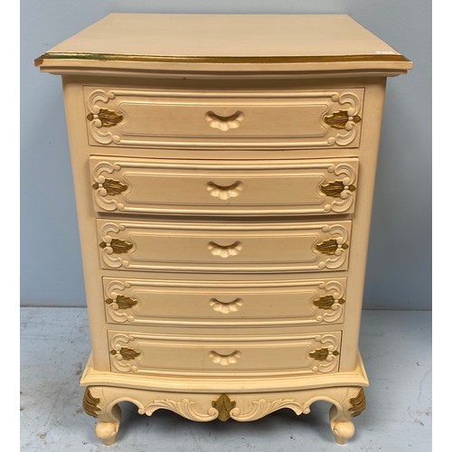 246 - A modern nine-piece off-white and gold painted French style bedroom suite, comprising a king size be... 