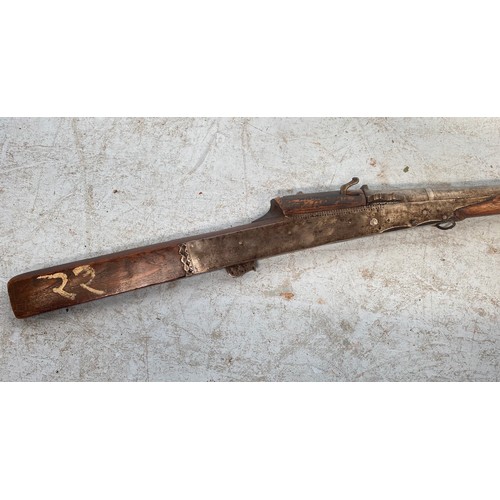 396 - A late 19th/early 20th century Indian/Afghan matchlock Torador musket with inscription to steel barr... 