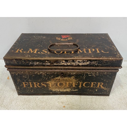 392 - A black painted metal box with applied White Star Line emblem and ‘R.M.S. Olympic’ to the cover and ... 