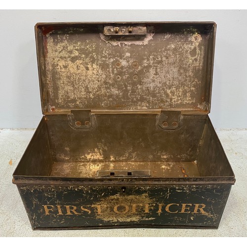 392 - A black painted metal box with applied White Star Line emblem and ‘R.M.S. Olympic’ to the cover and ... 