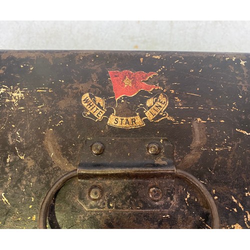 392 - A black painted metal box with applied White Star Line emblem and ‘R.M.S. Olympic’ to the cover and ... 