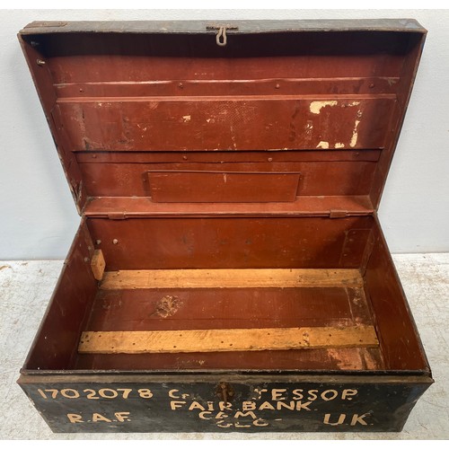 401 - An early 20th century black painted metal military trunk with twin handles, painted in white ‘Not wa... 