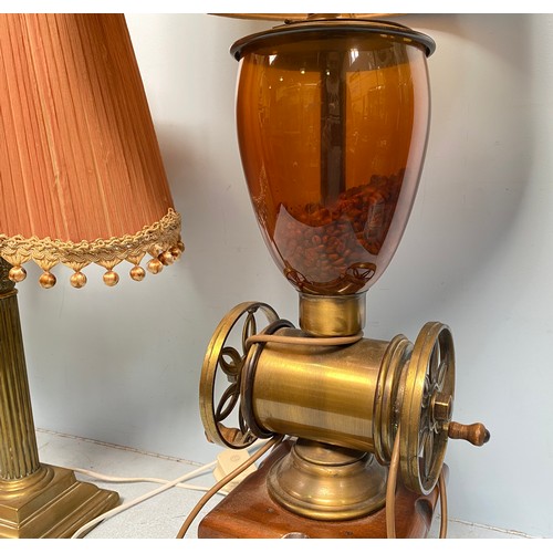 242 - An up-cycled French style brass coffee grinder converted to a lamp, with amber glass bean reservoir ... 