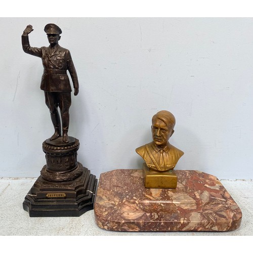 426 - A Brass bust of Adolf Hitler mounted on rouge marble pen stand base, together with a bronze figure o... 