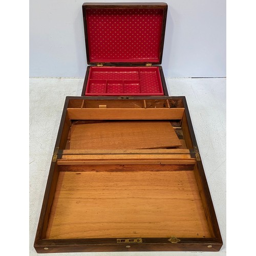 199 - A walnut and rosewood mother of pearl inlaid writing slope (lacking innards), together with a rosewo... 