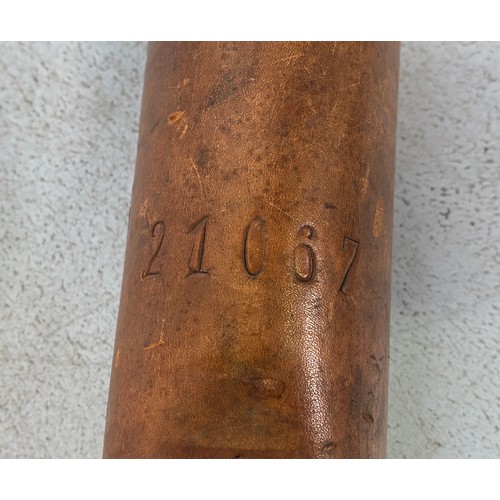 181 - A WW1 Swiss made German leather machine gun barrel storage/carrying tube, with internal metal barrel... 