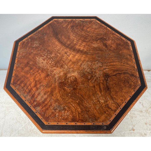 255 - An Edwardian pollard oak veneered octagonal occasional table with central inlaid satinwood, boxwood ... 