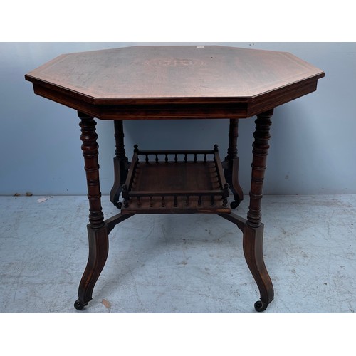 255 - An Edwardian pollard oak veneered octagonal occasional table with central inlaid satinwood, boxwood ... 