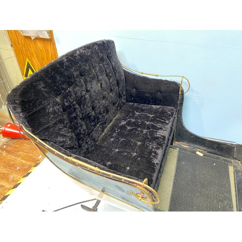 201 - A full size reindeer / horse sled / sleigh with black velvet upholstery and cream, black and gold pa... 