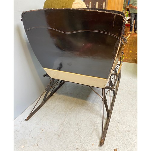 201 - A full size reindeer / horse sled / sleigh with black velvet upholstery and cream, black and gold pa... 