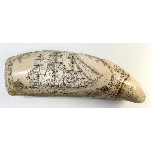 573 - A faux scrimshaw whale's tooth engraved with a ship and a nude lady verso