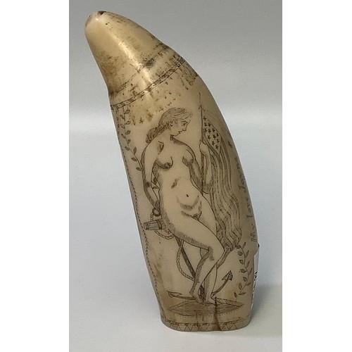 573 - A faux scrimshaw whale's tooth engraved with a ship and a nude lady verso