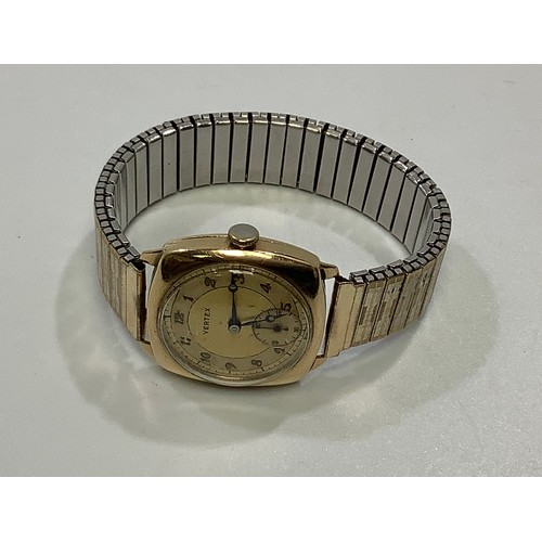 74 - A vintage 9ct gold cushion cased manual wind Vertex wristwatch, the gilt dial with off white chapter... 