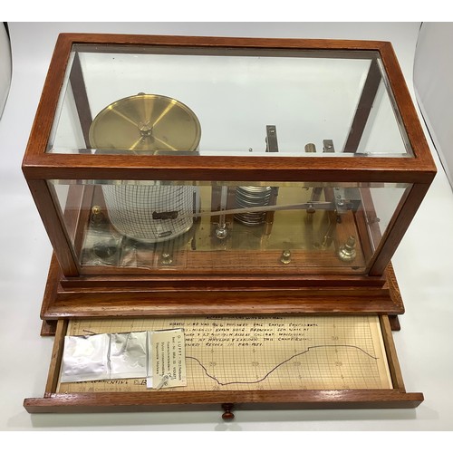 430 - A Russell barograph in oak case with central frieze drawer containing charts, thermometer, bevelled ... 