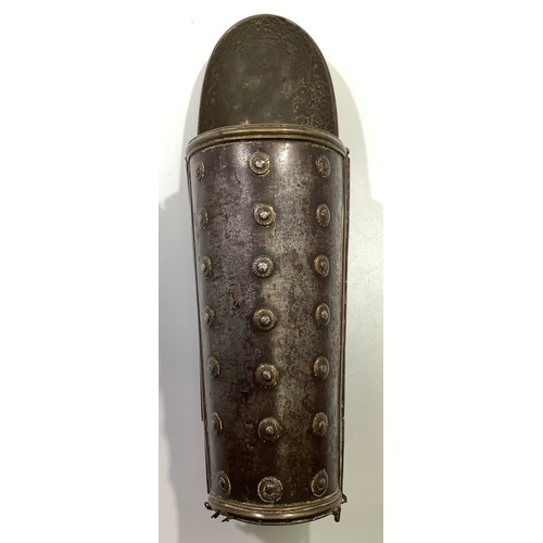 387 - A lower left arm vambrace from a suit of armour, two hinged sections, with applied brass studs and s... 