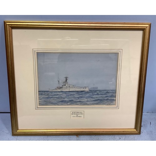 351 - Eric Erskine Campbell Tufnell (British, 1888-1978) ‘HMS Malaya off Gibraltar pre WW2’, signed, water... 