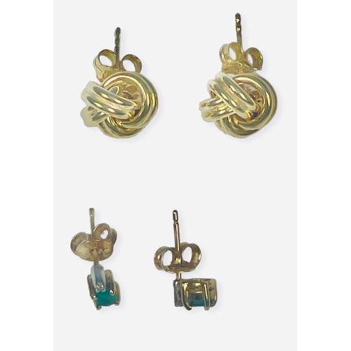 89 - A pair of 18ct yellow gold knot earrings, and a pair of 18ct yellow gold emerald and diamond earring... 