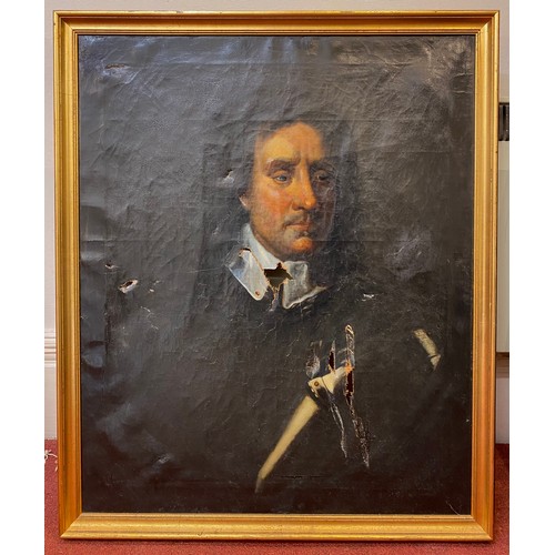 320 - An 18th century half-length portrait study of Oliver Cromwell, unsigned, oil on canvas, some possibl... 