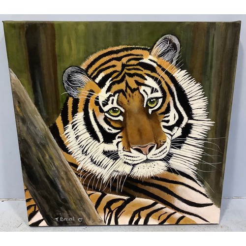 312 - Lynne Davies (British, Contemporary) ‘Here Comes Trouble’, study of a tiger, unframed print on canva... 