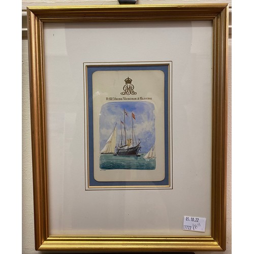 346 - A Royal Yacht Victoria & Albert menu, later painted with a vignette depicting the yacht flanked by a... 