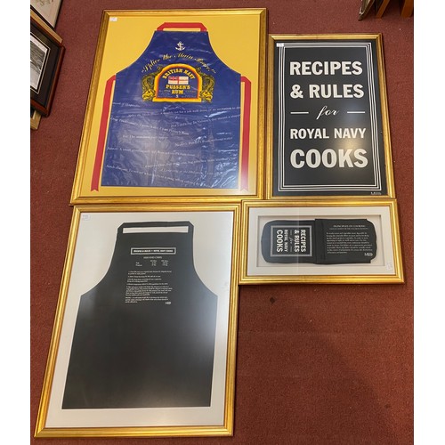 434 - Royal Naval culinary interest, four framed collectables including a Pusser’s rum apron, National mar... 